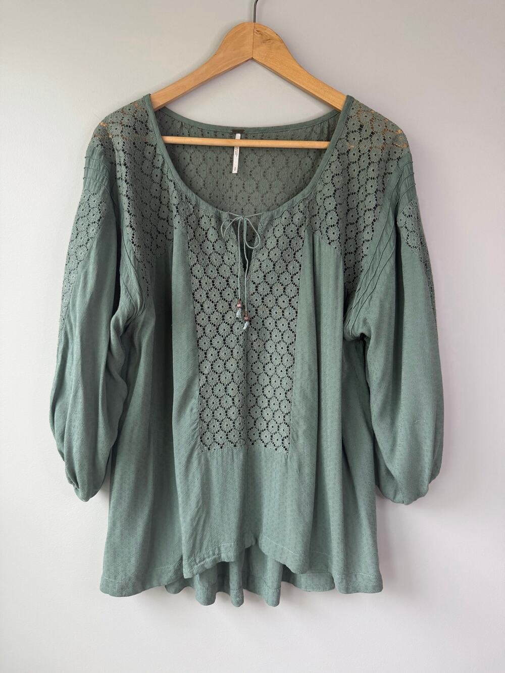 Free People Size S Boho Tunic Top Lace Inlay Sage Green
